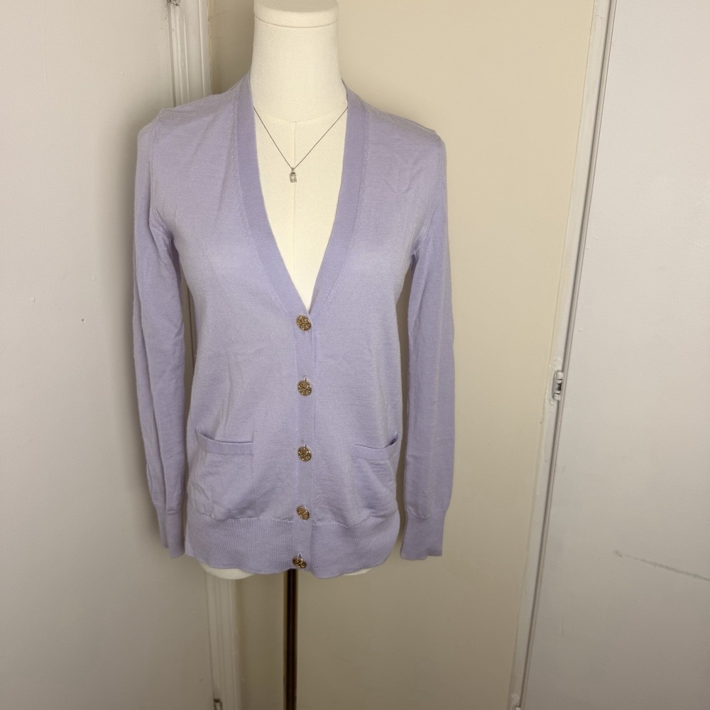 TORY BURCH PURPLE MERINO WOOL CARDIGAN SWEATER SIZE: XS